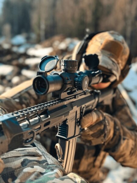 Ein Schütze in Tarnkleidung zielt durch ein Vortex Optics Zielfernrohr auf einem präzisen Scharfschützengewehr. Foto: Rigad