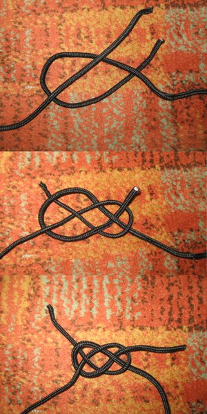 Josephinischer Knoten auf einem schwarzen Seil – Verbindung zweier Enden in dekorativem und symmetrischem Stil