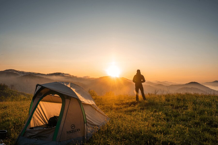 Zelt, Mensch, Sonnenuntergang