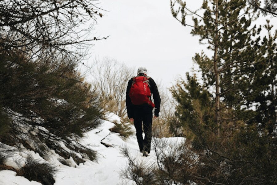 Mann, Winter, Outdoor, roter Rucksack