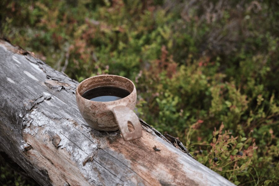 Kaffee in der Tasse im Wald
