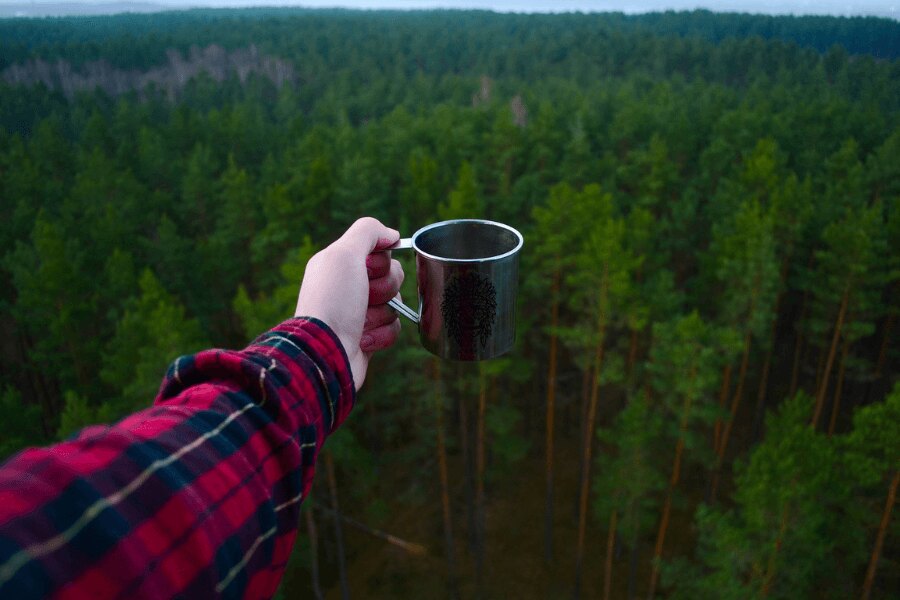 Hand mit Tasse über dem Wald