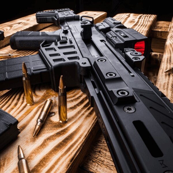 Eine taktische Gewehr ausgestattet mit einem Vergrößerungsmodul, einem Reflexvisier und einer Taschenlampe – Ansicht des seitlichen Montagesystems. Foto: Rigad
