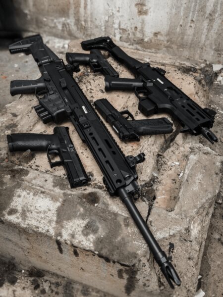 Zwei Maschinenpistolen CZ Scorpion EVO 3 mit Pistolen in einer industriellen Umgebung
