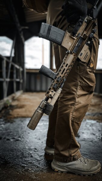 Mehrere Schalldämpfer verschiedener Größen und Farben, die neben einem Gewehr und Munition liegen.