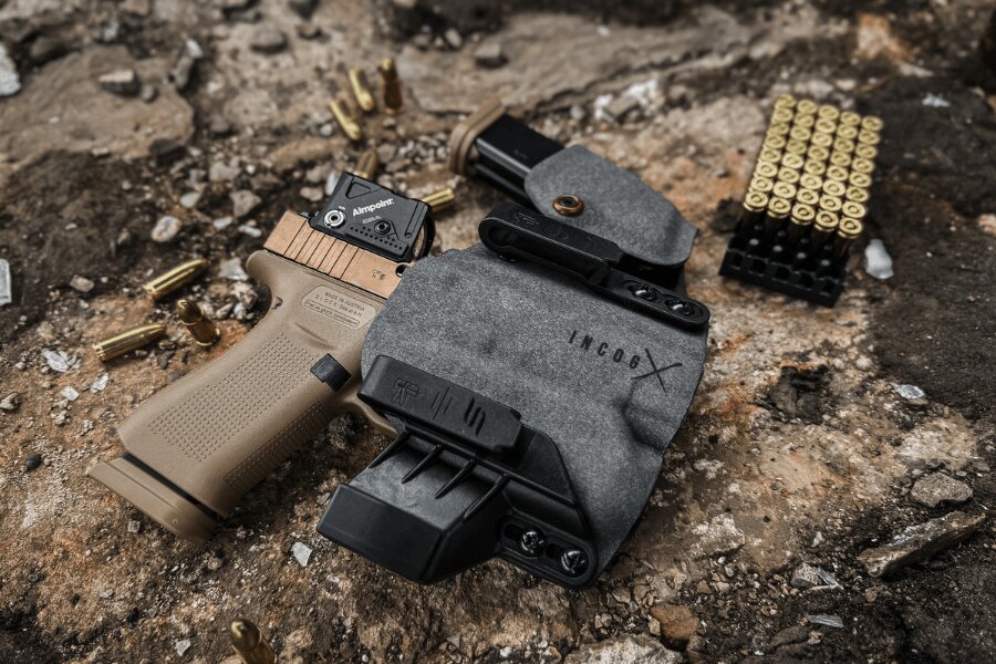 IWB Holster Safariland Incog X mit Pistole ausgestattet mit einem Kollimator und angebrachtem Magazinträger.